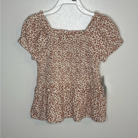 Okie Dokie Cream and Brown Smocked Peplum Flutter Sleeve Blouse - Picture 1 of 1